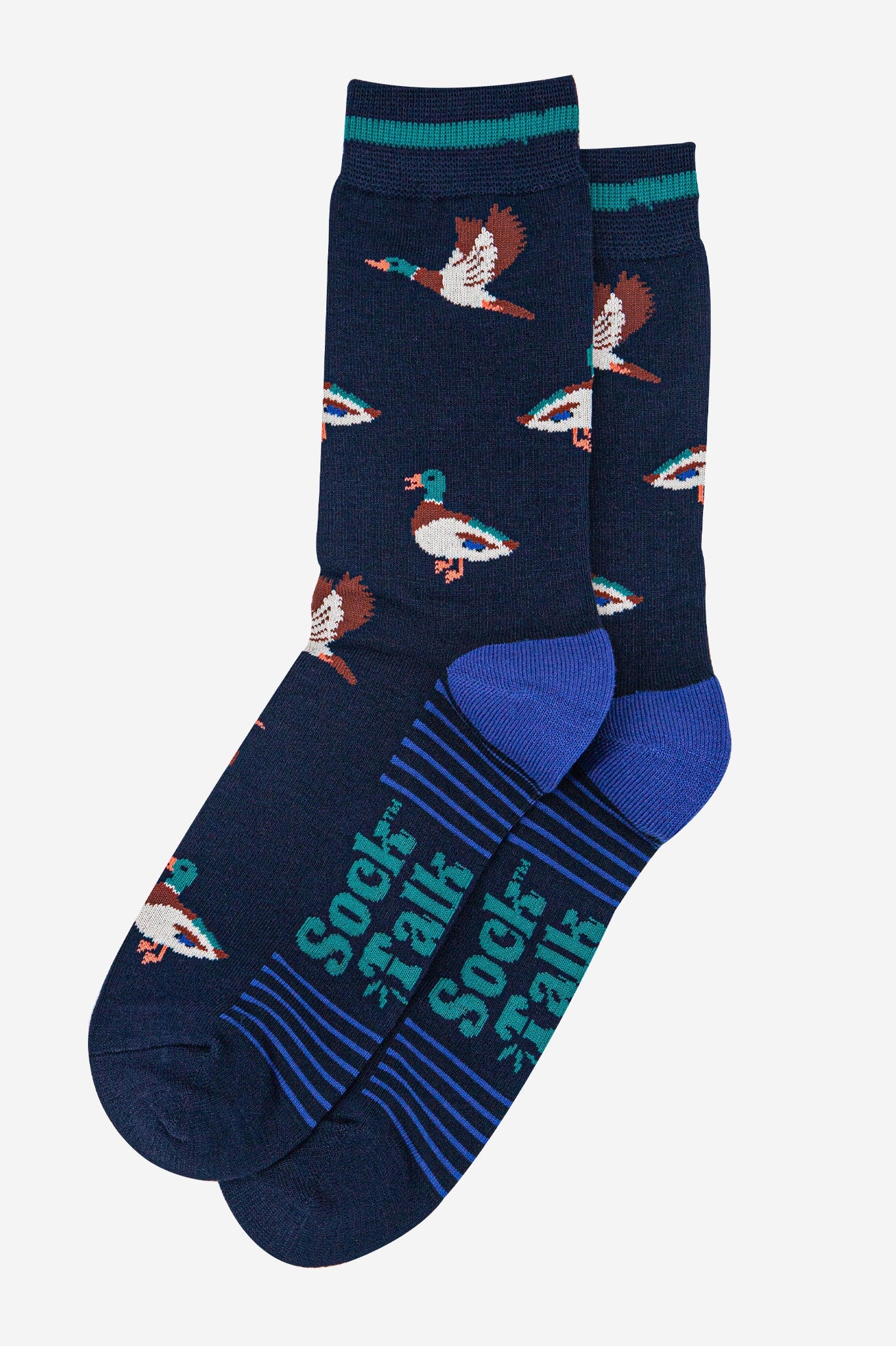 mens-bamboo-socks-navy-blue-royal-blue-mallard-duck-laying-flat