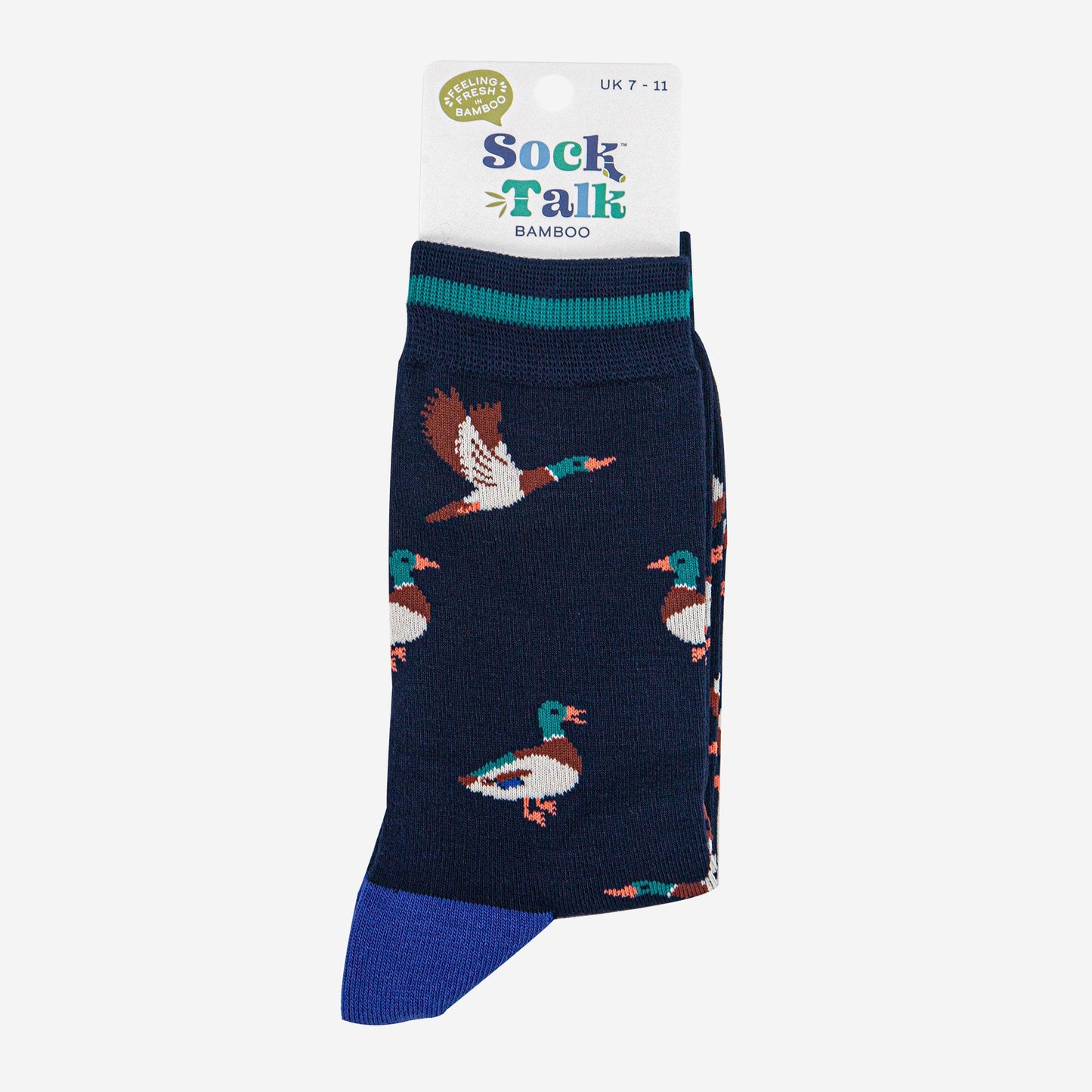 mens-bamboo-socks-navy-blue-royal-blue-mallard-duck-in-sock-talk-packaging