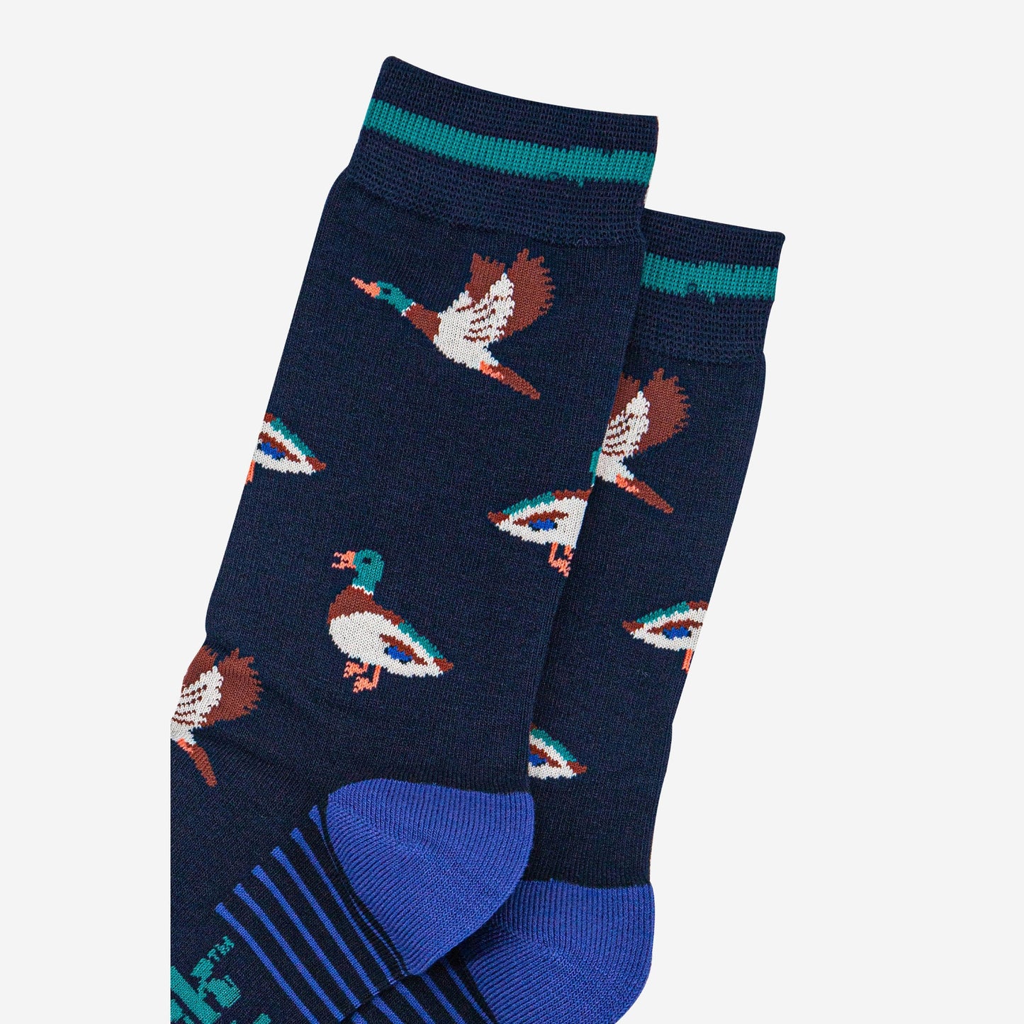 mens-bamboo-socks-navy-blue-royal-blue-mallard-duck-close-up