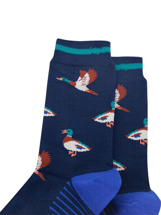 mens-bamboo-socks-navy-blue-royal-blue-mallard-duck-close-up