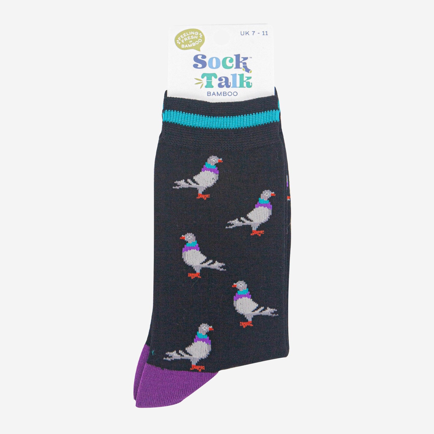 mens-bamboo-socks-black-purple-pigeon-in-sock-talk-packaging