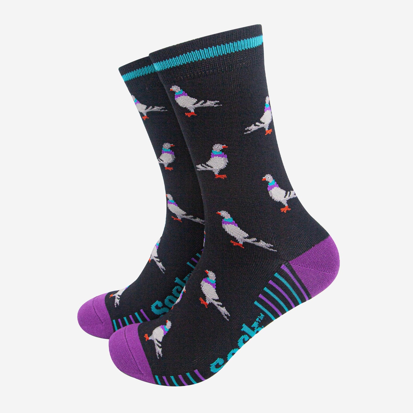 mens-bamboo-socks-black-purple-pigeon-birds