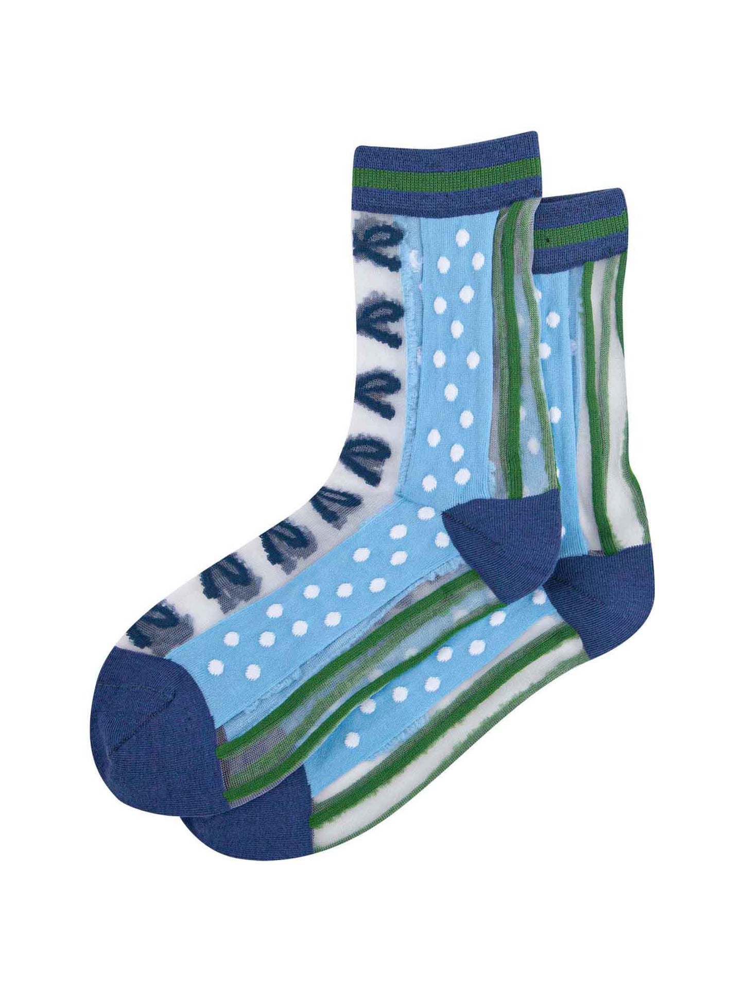 womens-sheer-ankle-socks-blue-green-stripe-bow-laying-flat
