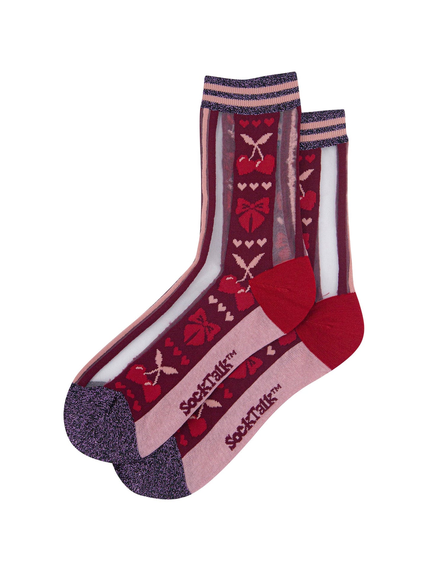 Bow-&-Cherry-Sheer-Socks-in-Burgundy/Soft-Pink-Laid-Flat
