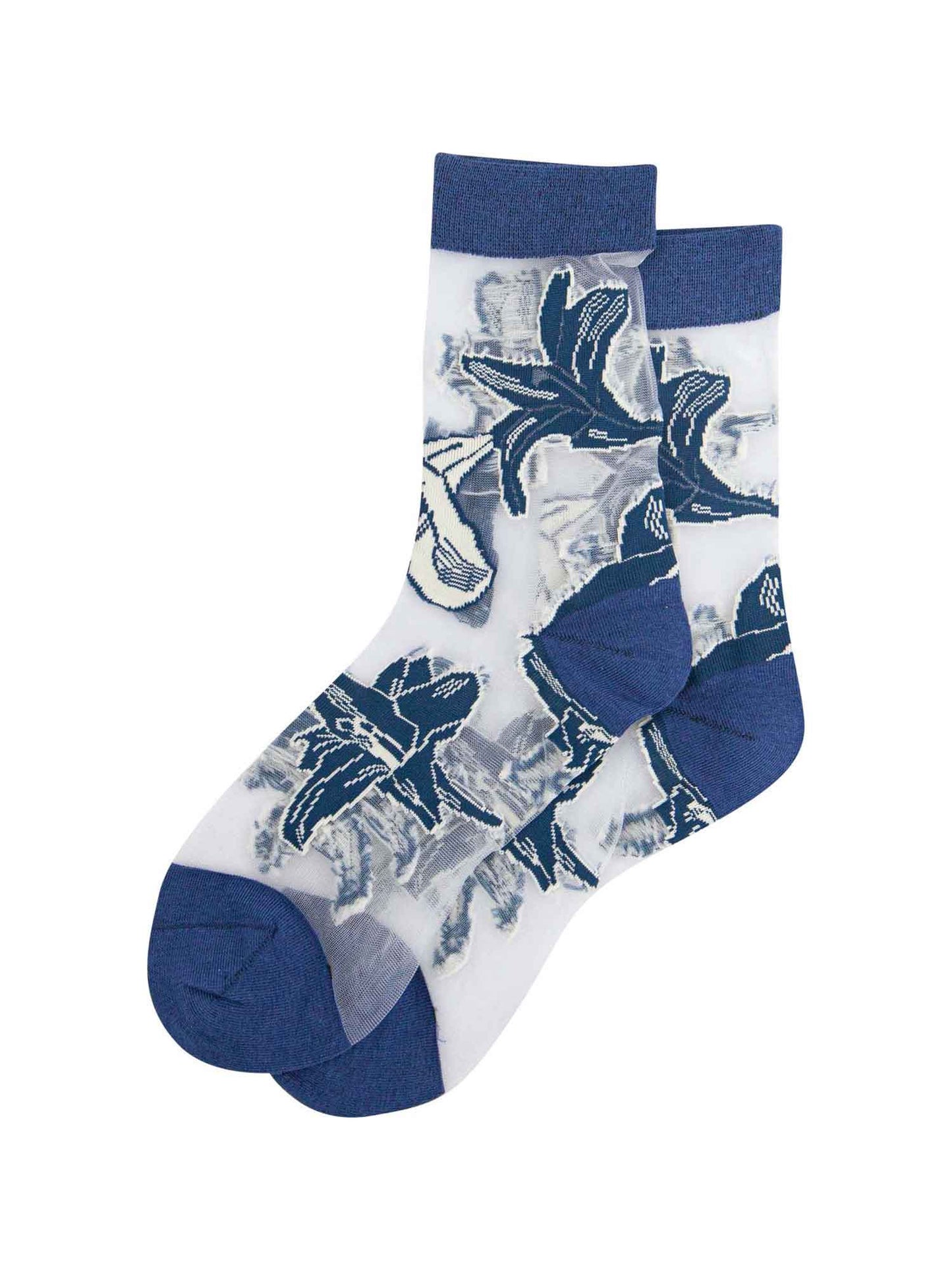 womens-sheer-ankle-socks-navy-blue-floral-laying-flat