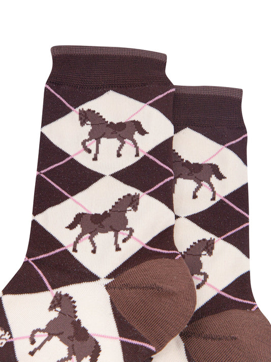 Horse-Argyle-Women's-Bamboo-Socks-in-Brown-Close-Up