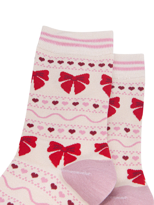 Bow-Fair-Isle-Women's-Bamboo-Socks-in-Cream-Close-Up
