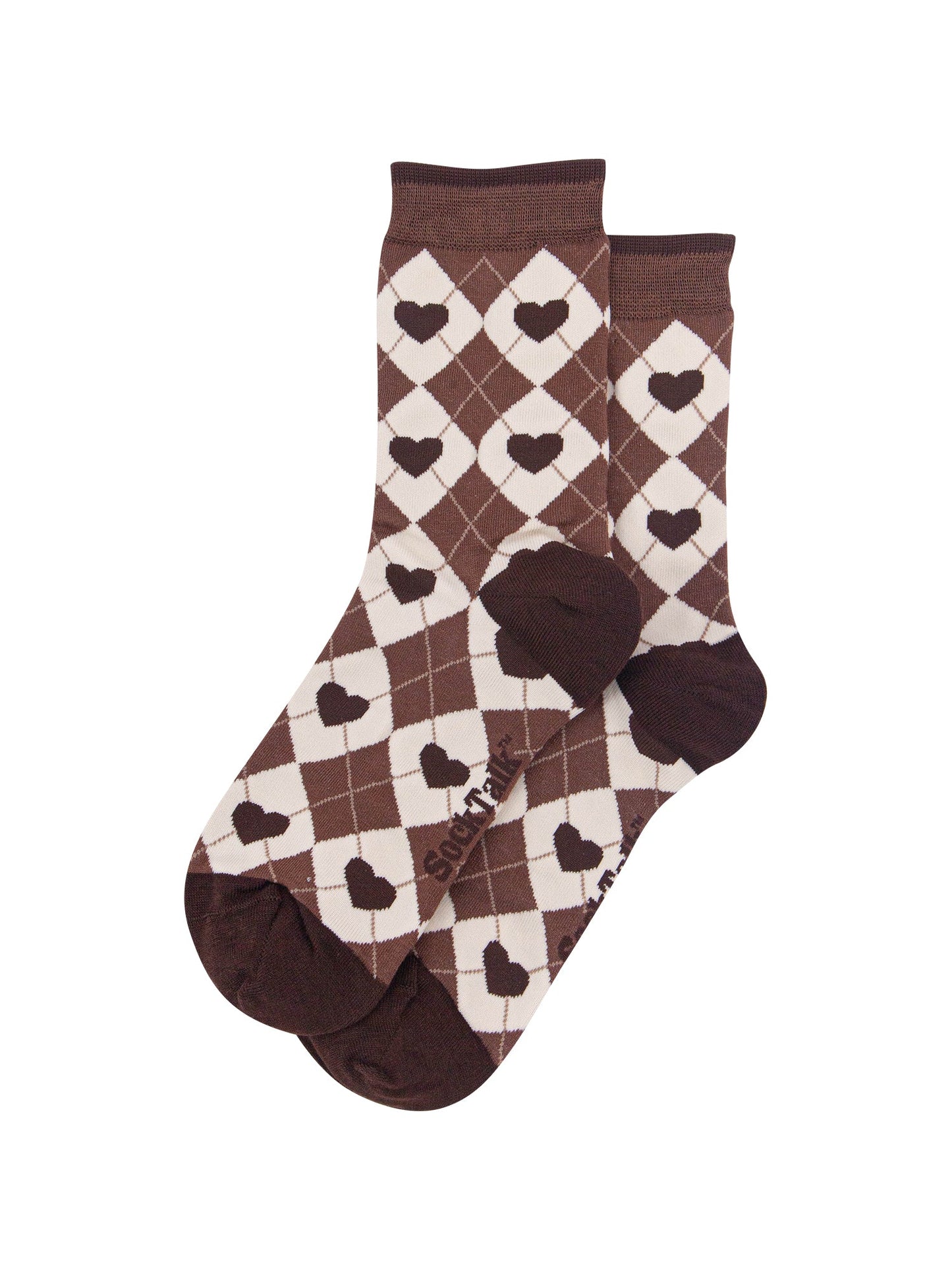 Heart-Argyle-Women's-Bamboo-Socks-in-Brown/Cream-Laid-Flat