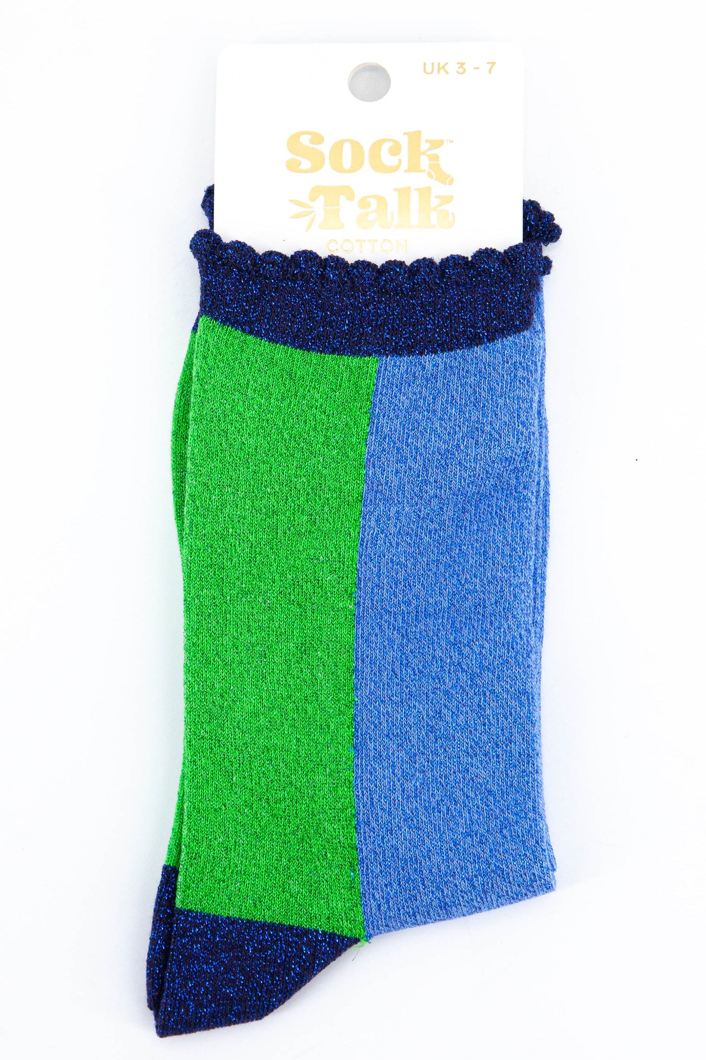 womens blue and green scalloped edge gliter socks uk 3-7