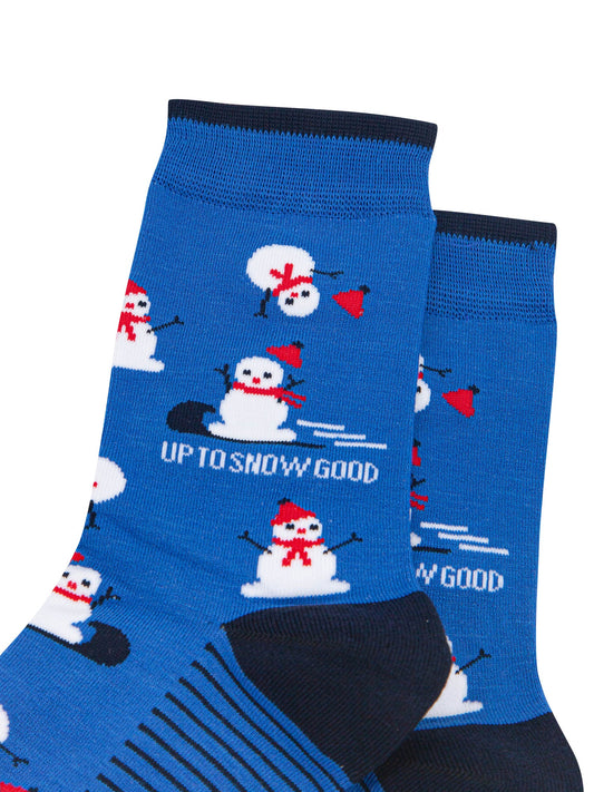Up-To-Snow-Good-Snowman-Women's-Bamboo-Socks-in-Blue-Close-Up