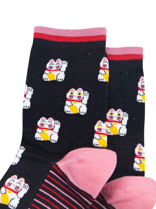 Lucky-Cat-Women's-Bamboo-Socks-in-Black-Close-Up
