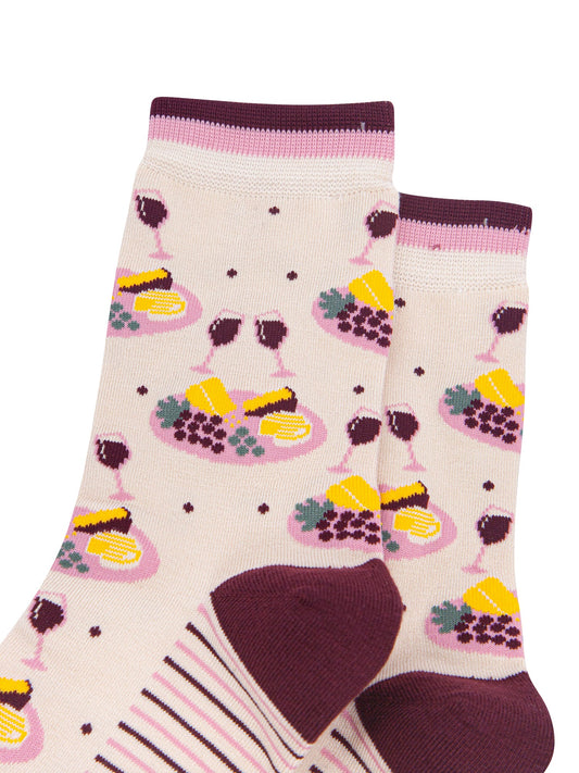 Cheese-&-Wine-Women's-Bamboo-Socks-in-Cream-Close-Up