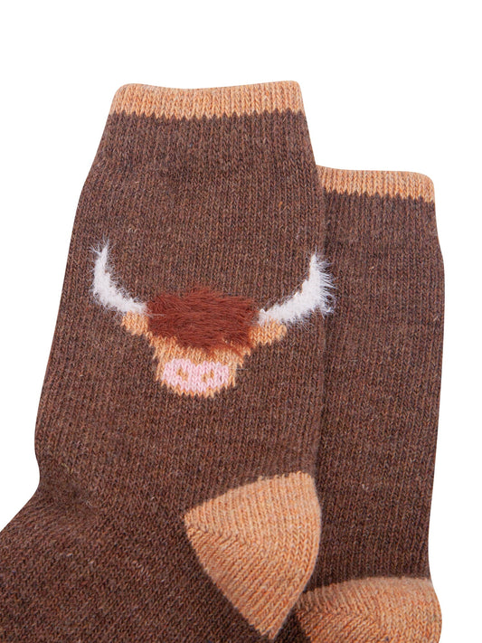 Highland-Cow-Wool-Fluffy-Element-Socks-in-Brown-Laid-Flat