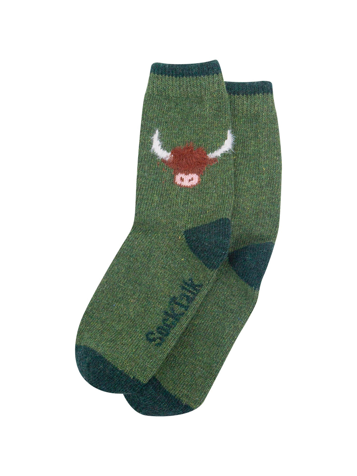 Highland-Cow-Wool-Fluffy-Element-Socks-in-Green-Laid-Flat