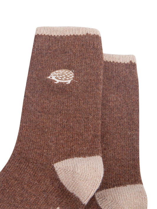 Hedgehog-Embroidered-Wool-Socks-in-Brown-Close-Up