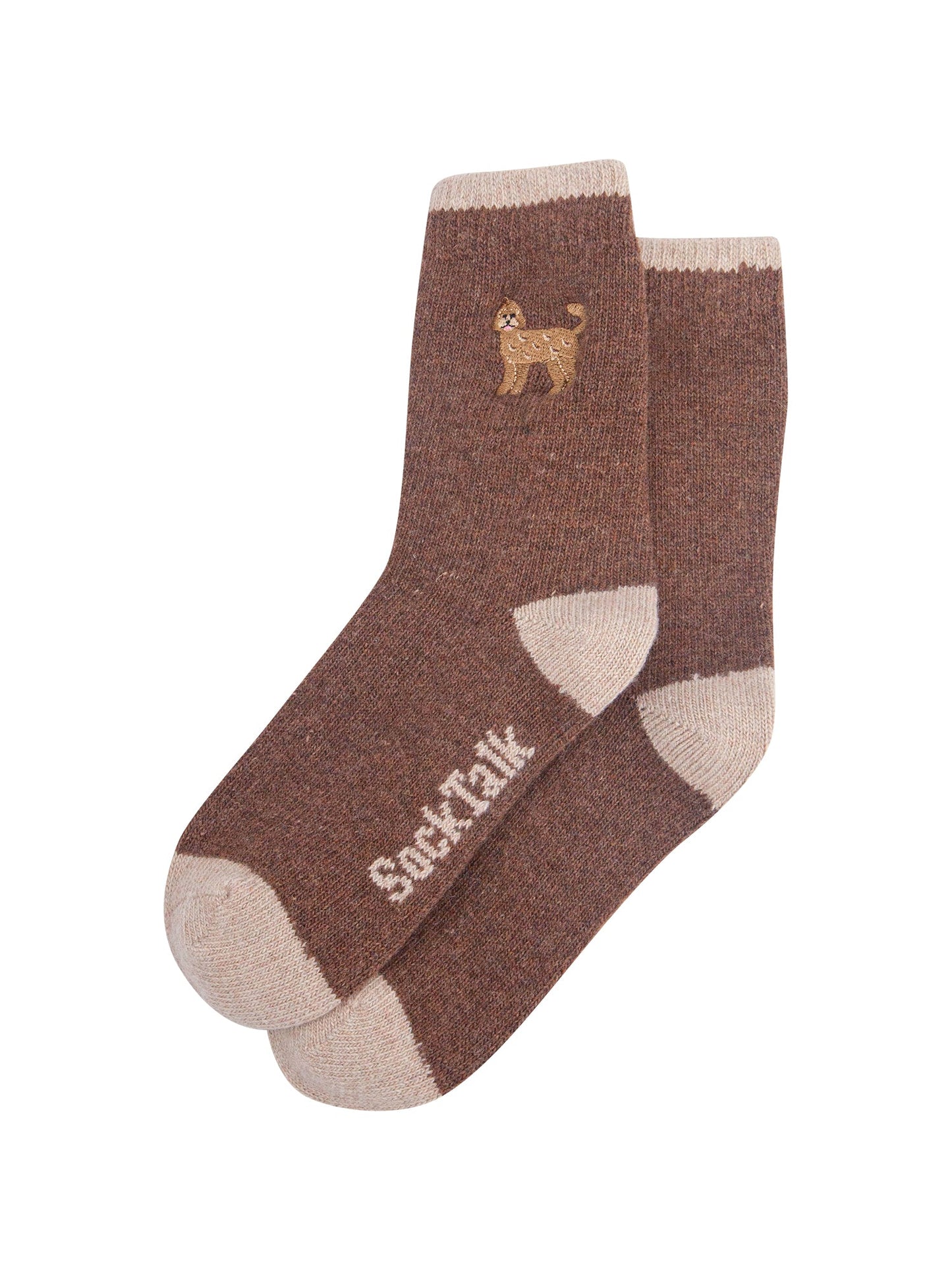 Labradoodle-Embroidered-Wool-Socks-in-Brown-Laid-Flat