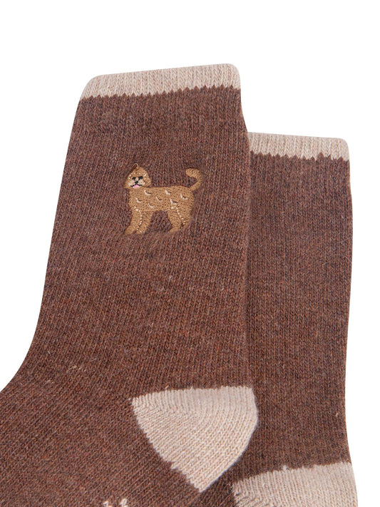Labradoodle-Embroidered-Wool-Socks-in-Brown-Close-Up