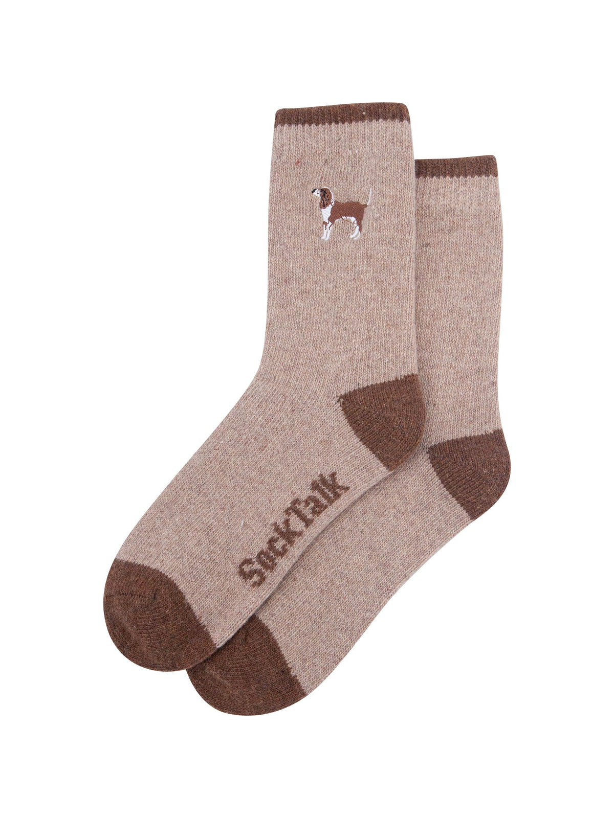 Spaniel-Embroidered-Wool-Socks-in-Beige-Laid-Flat
