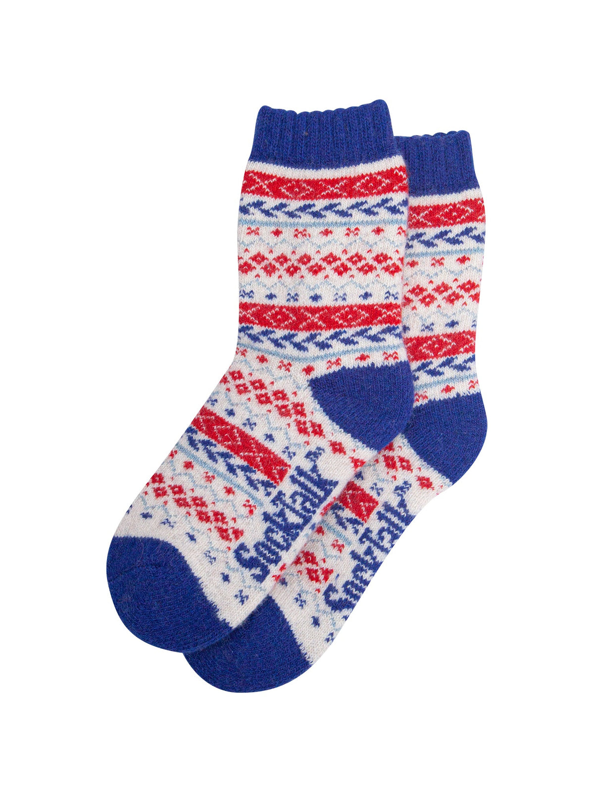 Fair-Isle-Patterned-Wool-Socks-in-Cream/Blue/Red-Laid-Flat
