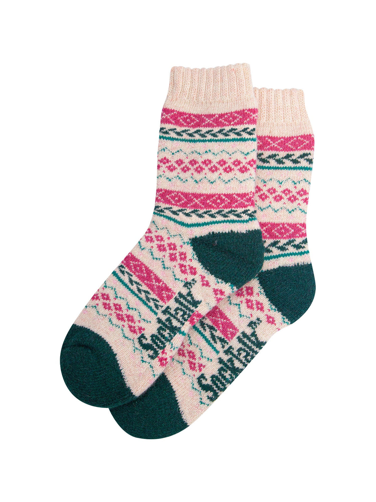 Fair-Isle-Patterned-Wool-Socks-in-Raspberry/Green-Laid-Flat