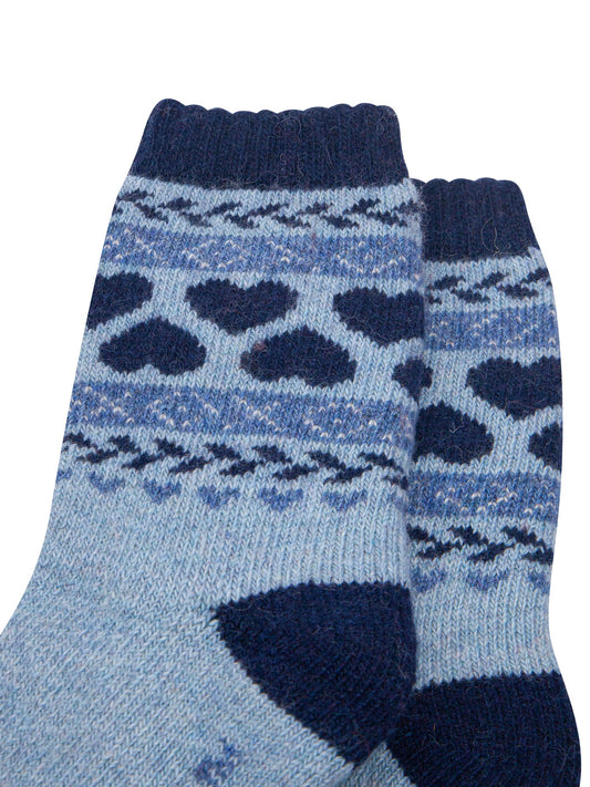 Heart-Patterned-Wool-Socks-in-Sky-Blue/Navy-Blue-Close-Up