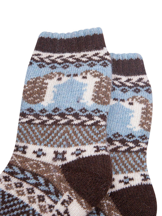Hedgehog-Patterned-Wool-Socks-in-Brown/Sky-Blue-Close-Up