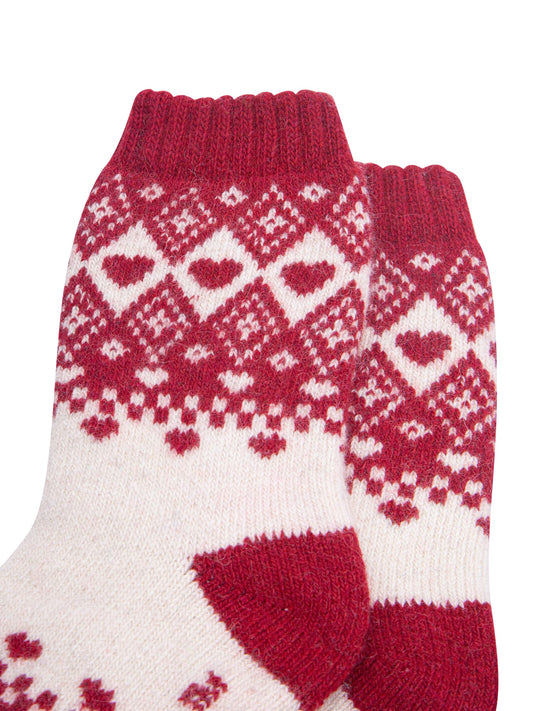 Scandi-Heart-Patterned-Wool-Socks-in-Red/Cream-Close-Up