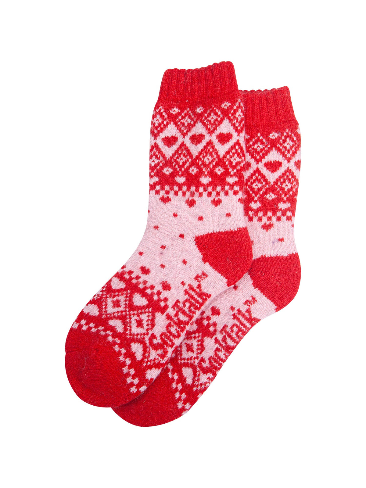 Scandi Heart Patterned Wool Socks in Soft Pink/Red-Laid-Flat