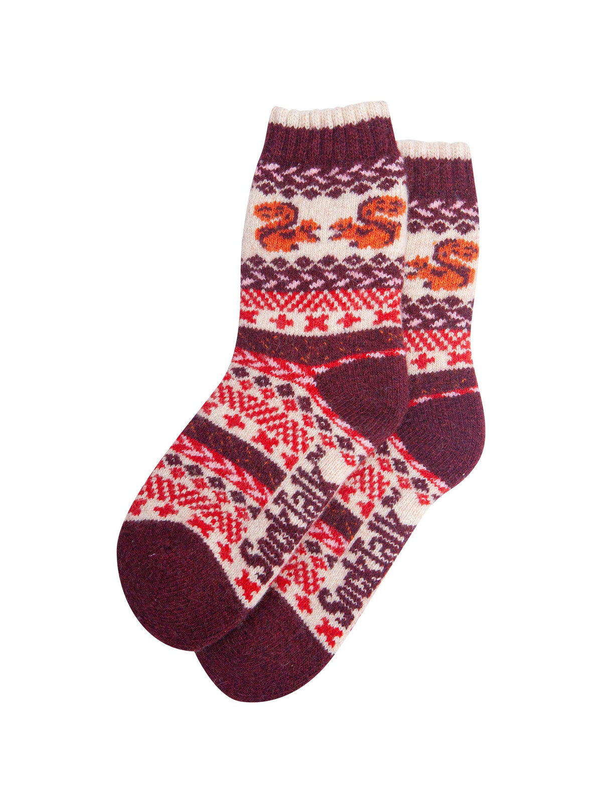 Squirrel-Patterned-Wool-Socks-in-Cream/Burgundy-Laid-Flat