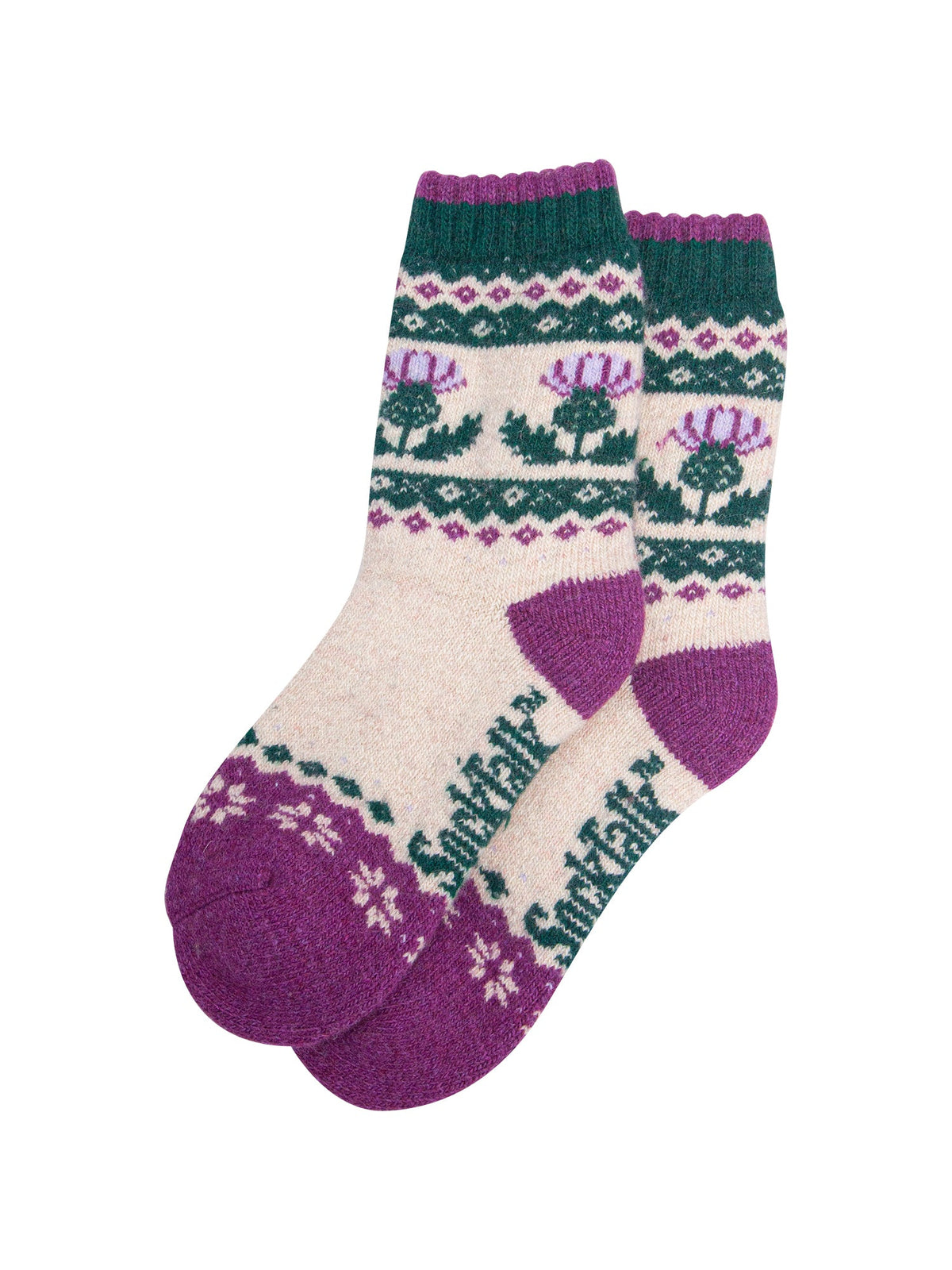 Thistle-Patterned-Wool-Socks-in-Cream/Green-Laid-Flat