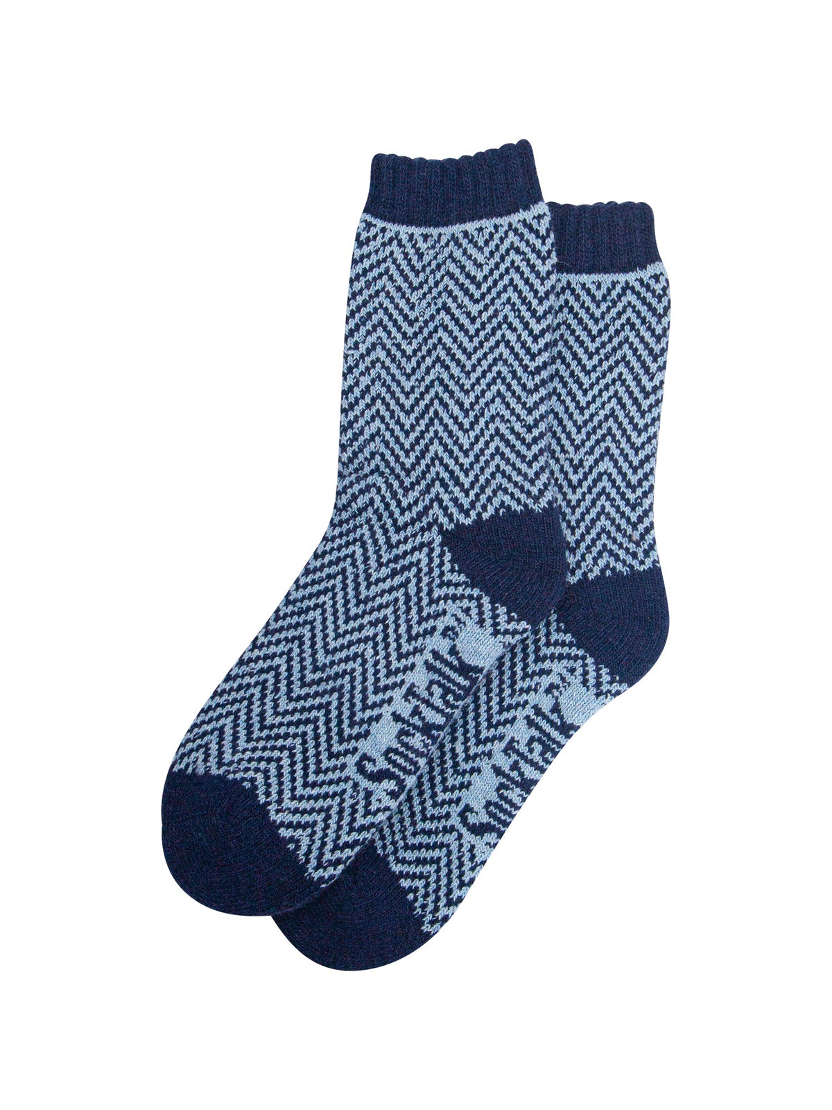 Chevron-Patterned-Wool-Socks-in-Denim-Blue-Laid-Flat