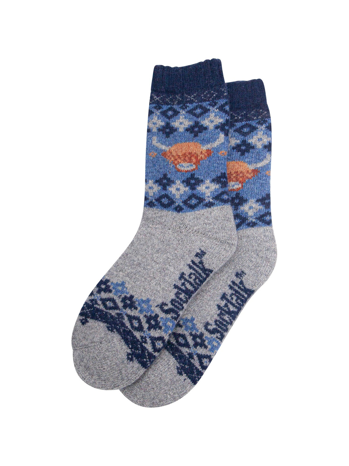 Highland-Cow-Patterned-Wool-Socks-in-Denim-Blue-Laid-Flat