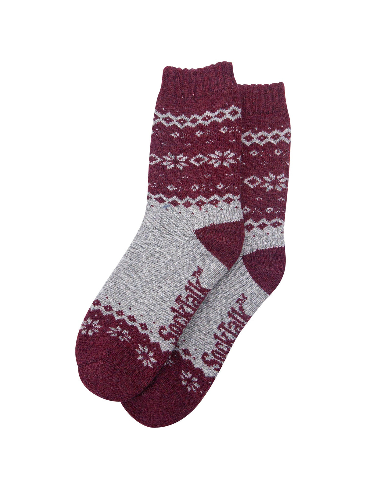 Nordic-Snowflake-Patterned-Wool-Socks-in-Grey-Marl/Burgundy-Laid-Flat