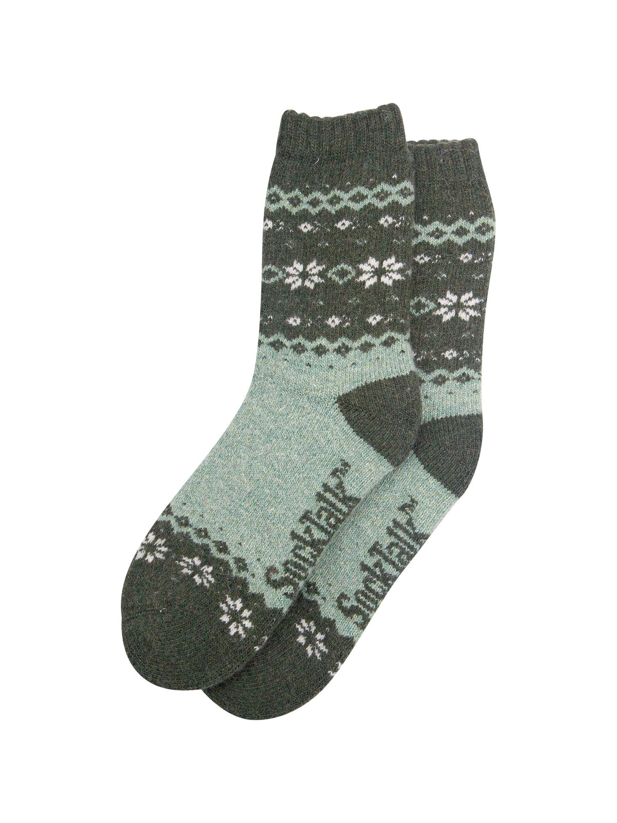 Nordic-Snowflake-Patterned-Wool-Socks-in-Green-Laid-Flat