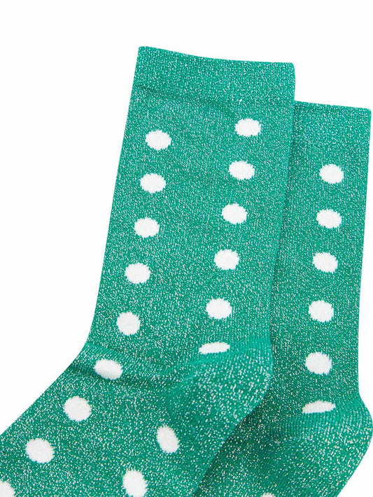 green and white polka dot ankle socks with an all over silver glitter effect