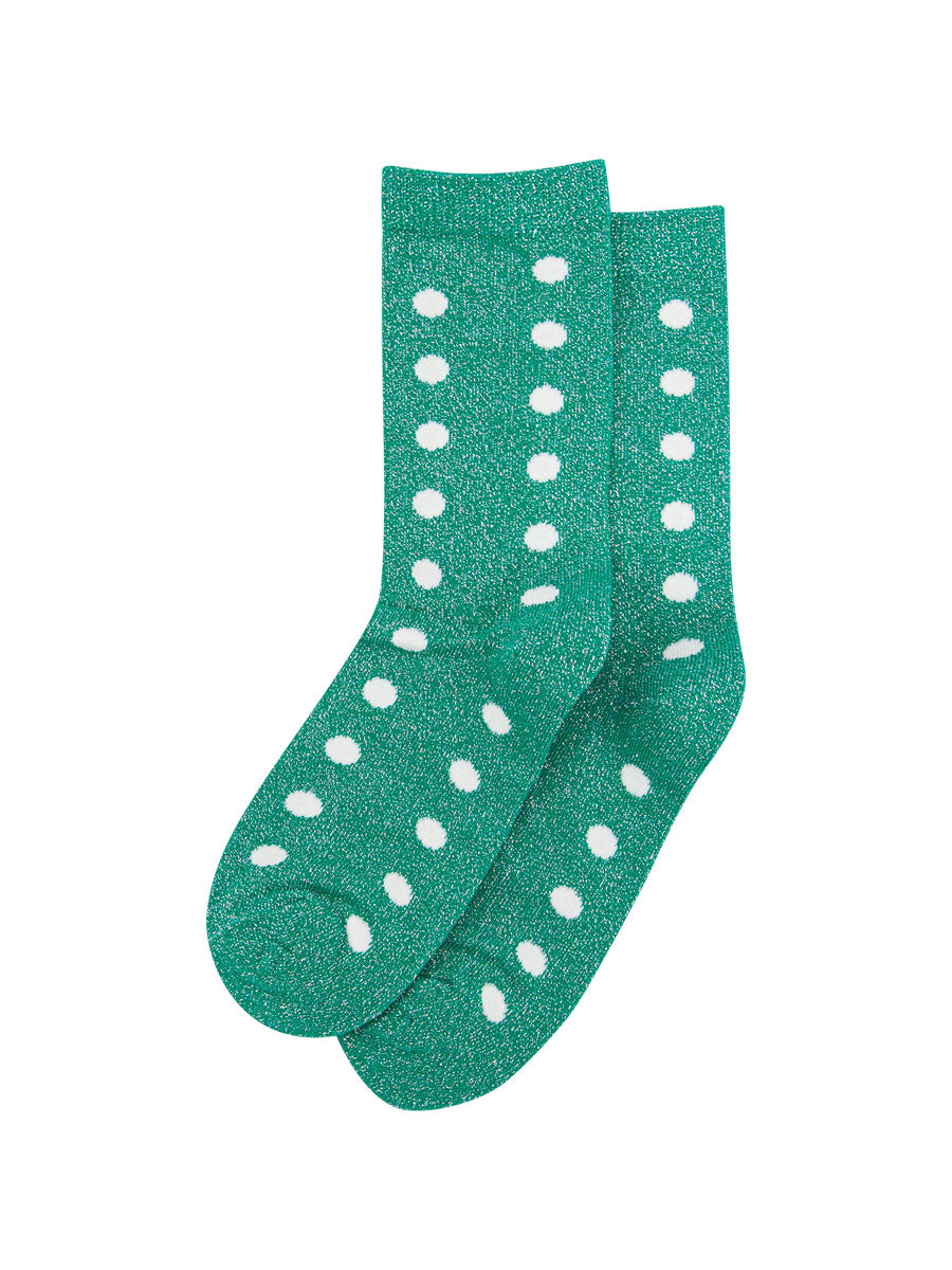 green and white polka dot ankle socks with an all over silver glitter effect