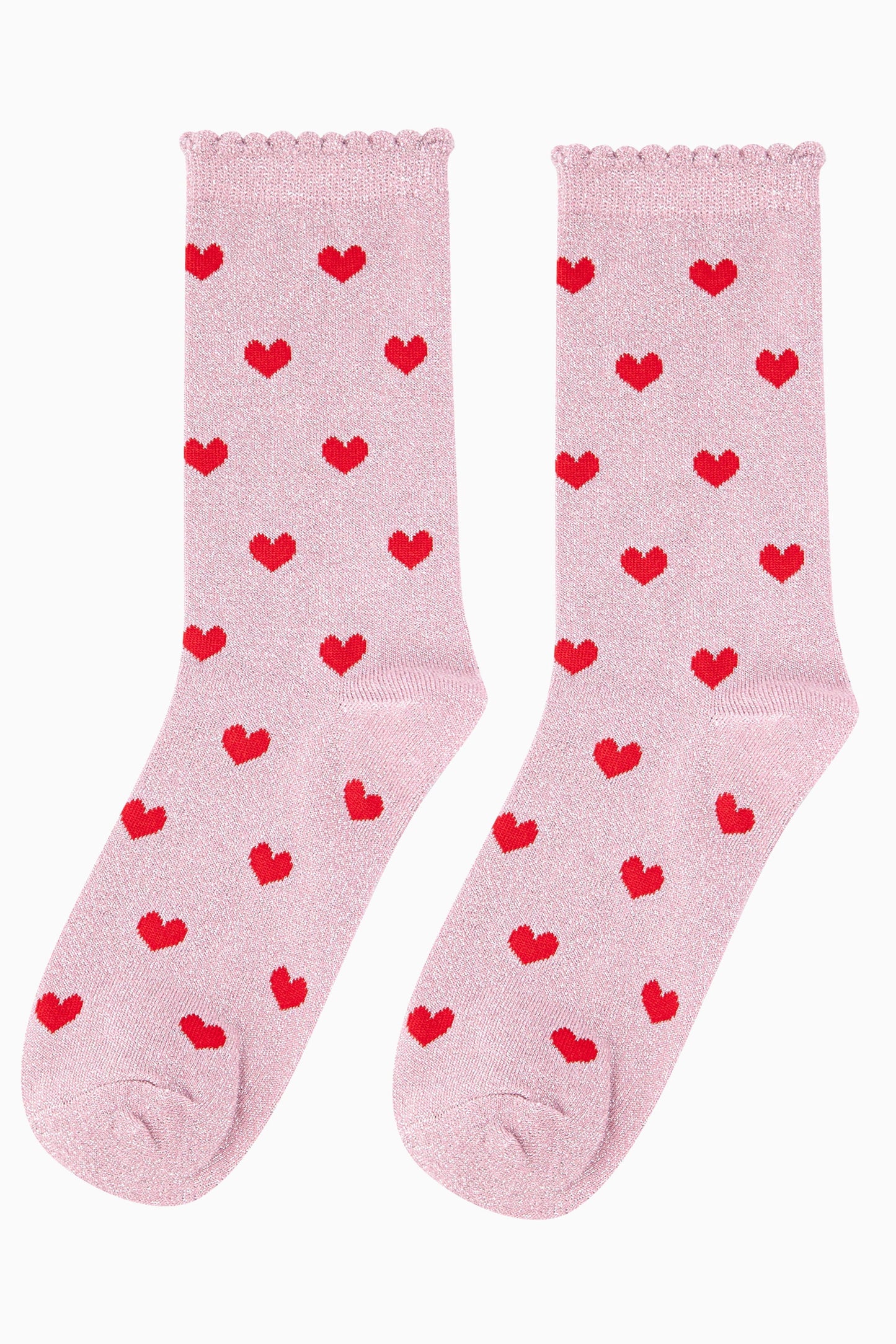 Women's  Scalloped Edge Glitter Socks - Pink, Hearts
