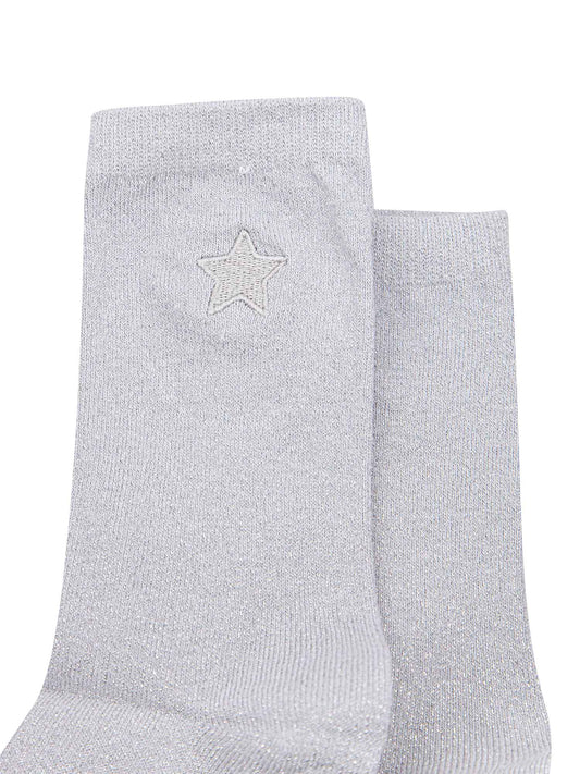 white, silver glitter socks with silver embroidered star