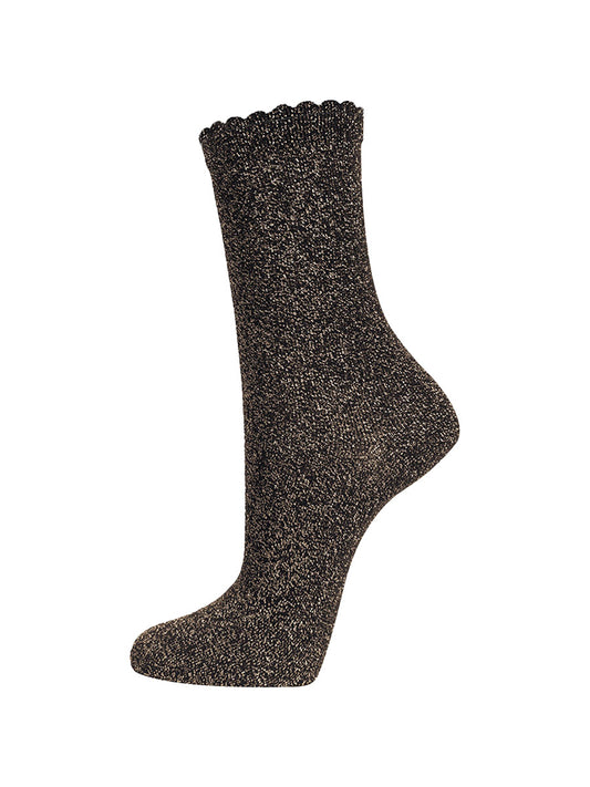 black cotton socks with an all over copper glitter shimmer, the socks have a scalloped cuff edge