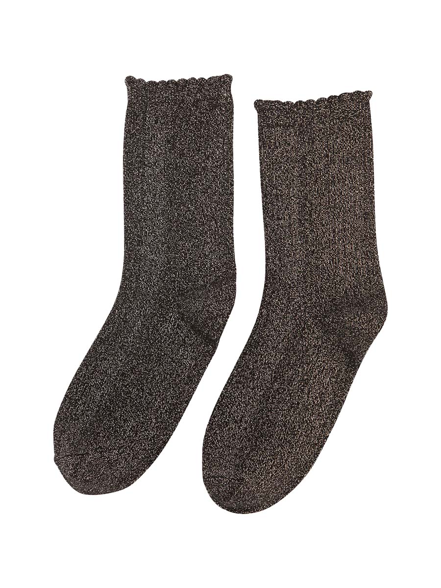 showing the black and gold glitter socks laying flat, they have a scalloped cuff and an all over sparkle