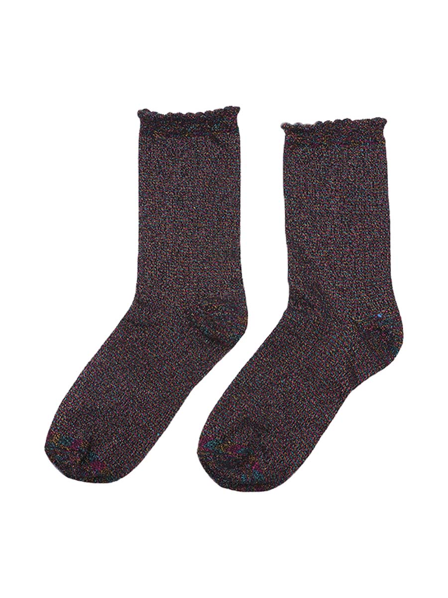 close up of the black and rainbow sparkly glitter socks and scalloped cuffs