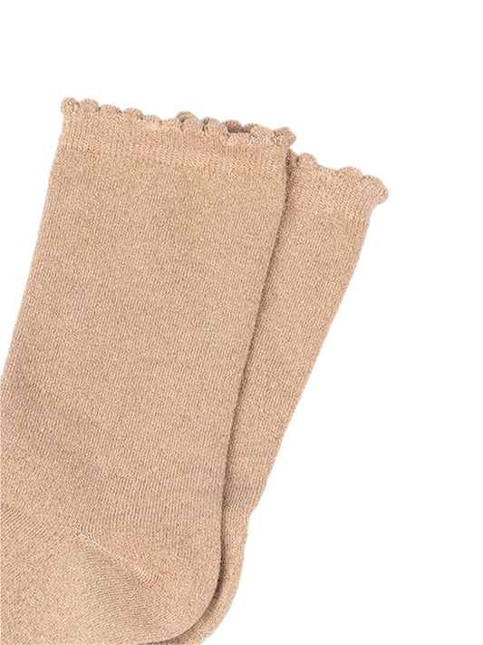 gold cotton socks with an all over glitter shimmer, the socks have a scalloped cuff edge