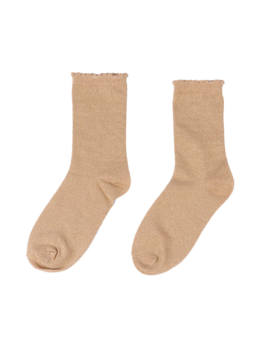 gold cotton socks with an all over glitter shimmer, the socks have a scalloped cuff edge