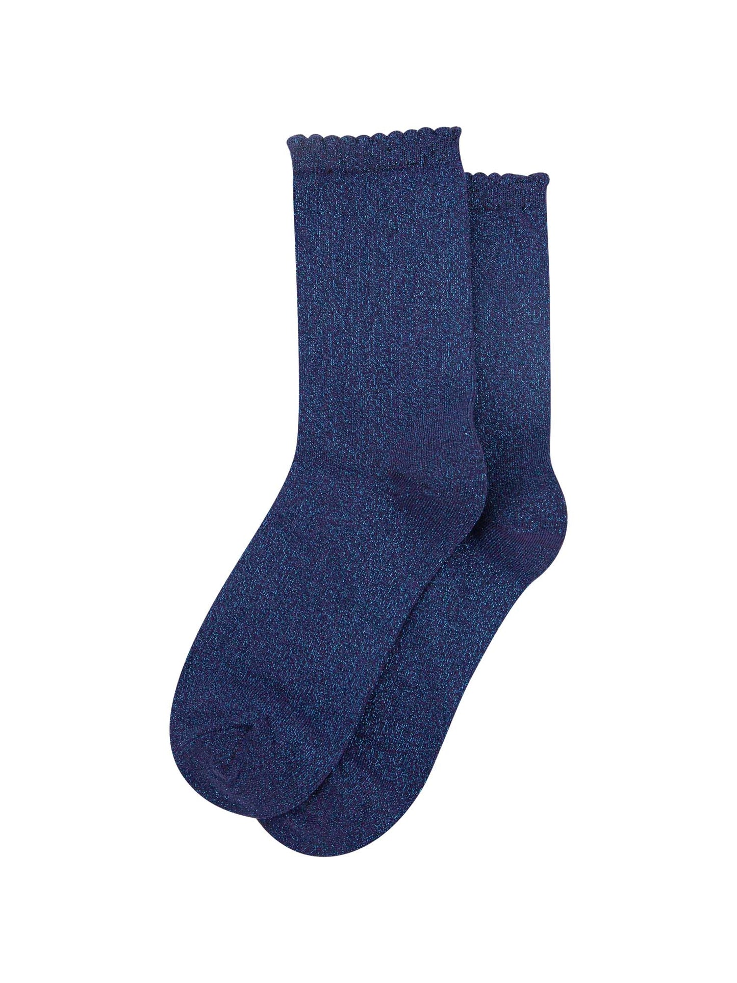 dark blue sparkly socks with scalloped cuffs