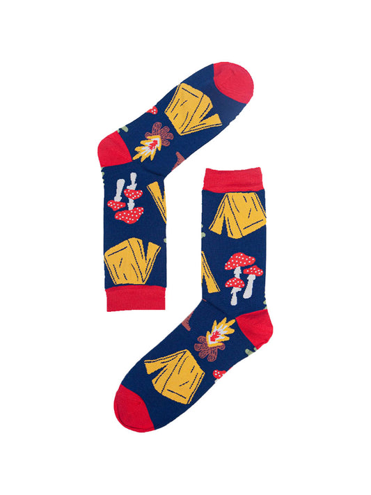 blue, red dress socks with tents, toadstools, campfires and logs