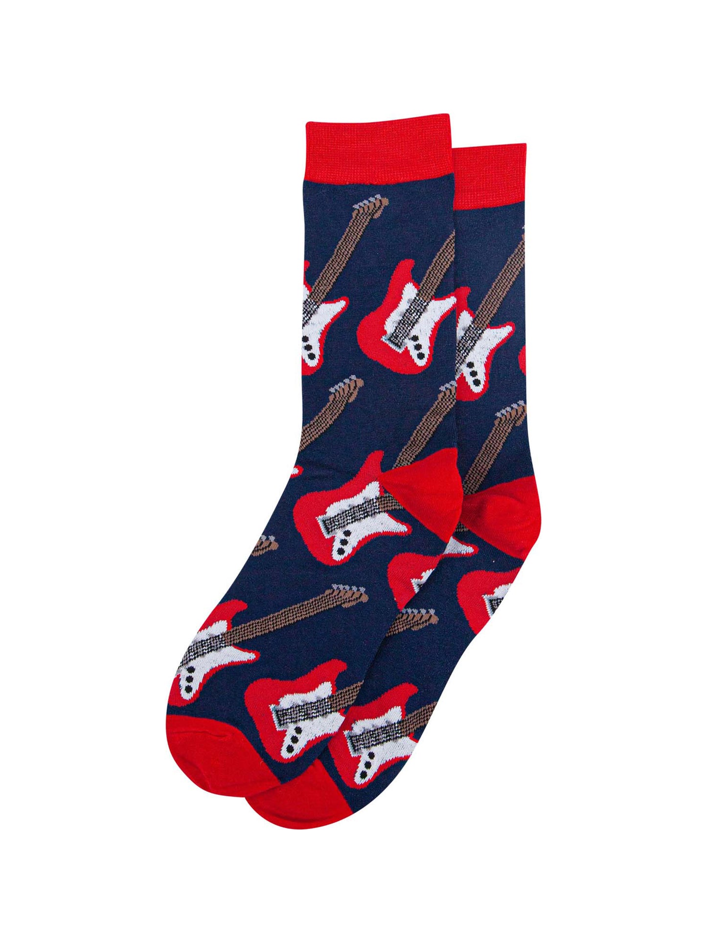 showing the red electric guitar socks laying flat, the electric guitar pattern repeats over the whole of the design.