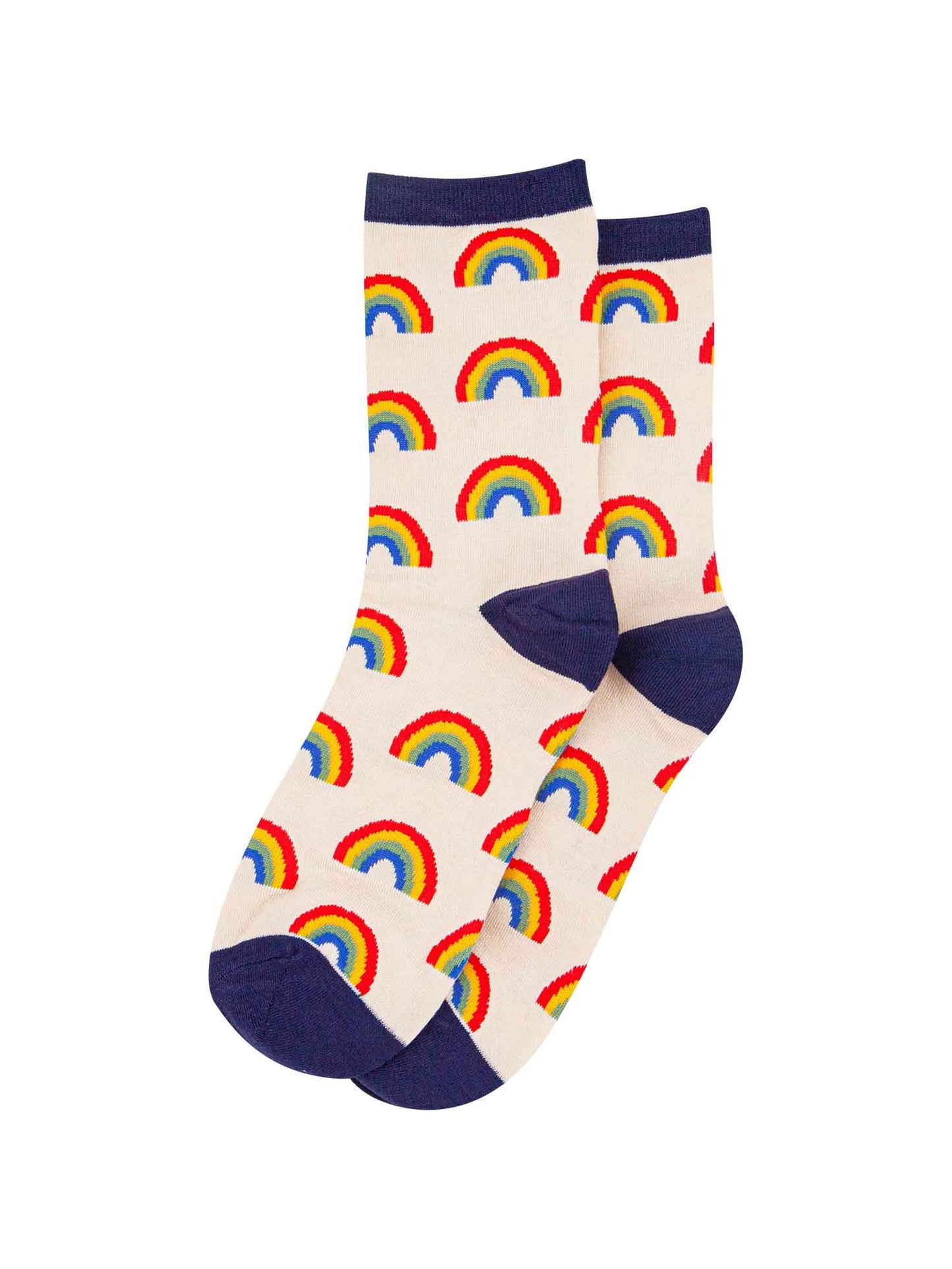 cream, navy blue rainbow pattern bamboo socks