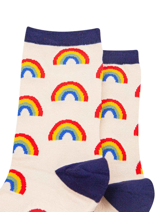 cream, navy blue rainbow pattern bamboo socks