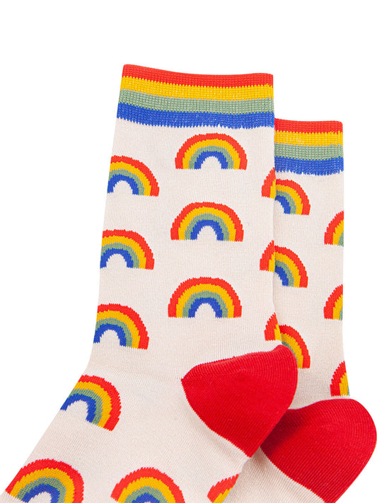 cream bamboo ankle socks with multicoloured rainbows all over and rainbow trim and toes