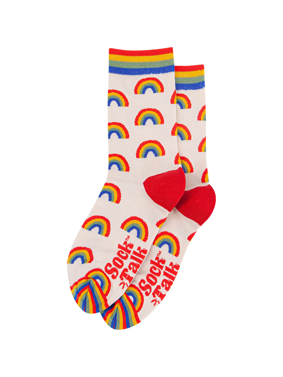 cream bamboo ankle socks with multicoloured rainbows all over and rainbow trim and toes